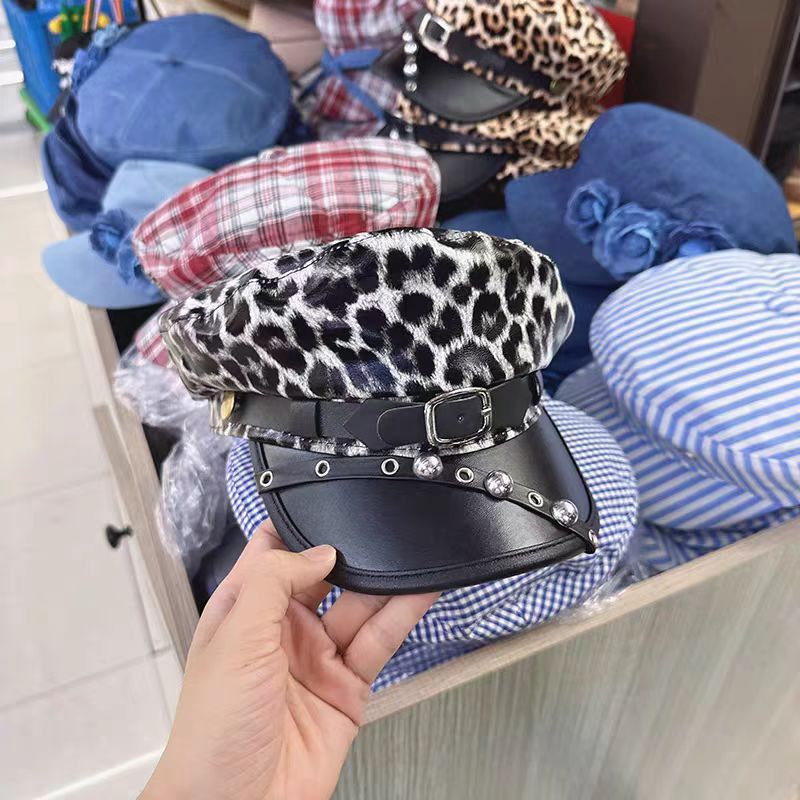Spicy Girl Leopard-Print Nightclub Leather-Clasp Subculture Octagonal Hat