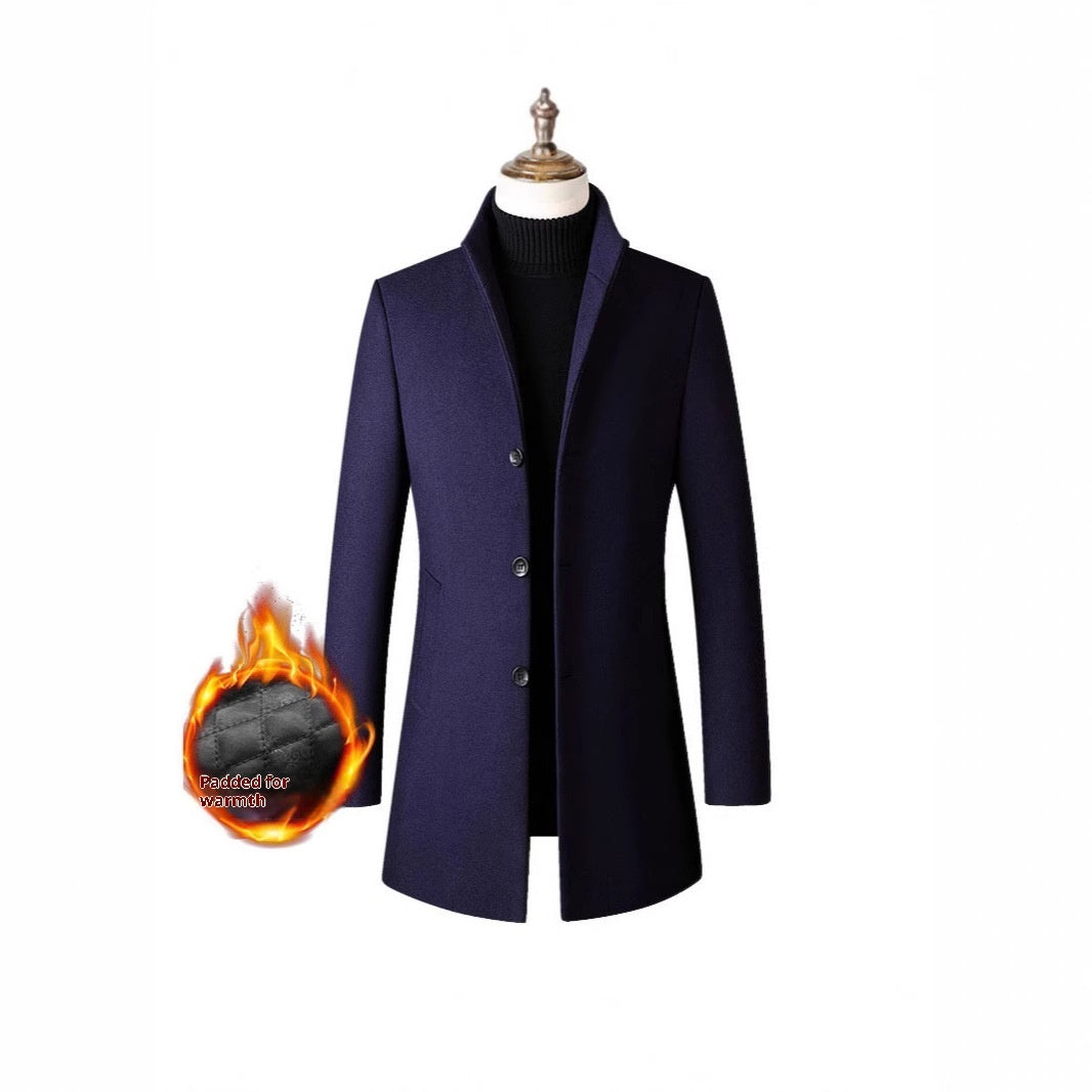European /  American Single-breasted Stand Collar Coat - Cotton Padded Men's Trench Coat - Woolen Coat