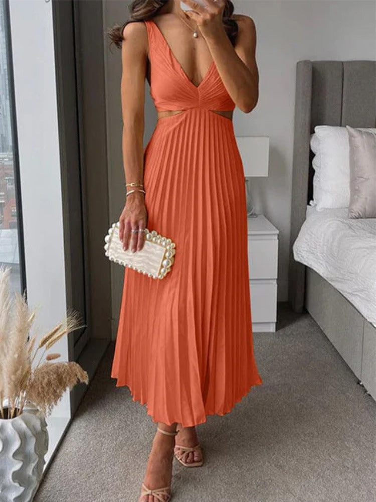 Ins Suspender Pleated Long Dress  - With Hollow-waisted Design  - Fashion V-neck Backless Dresses - Summer Women's Clothing