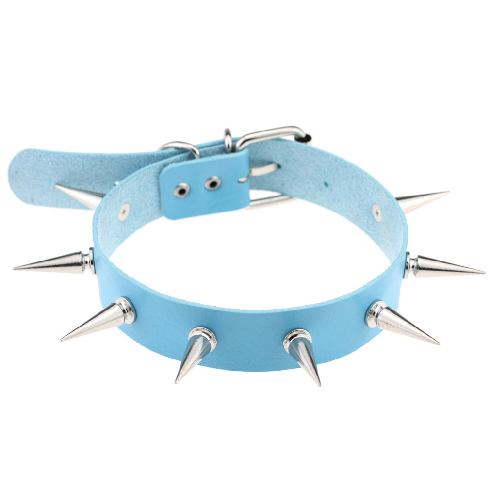 Sexy Punk Egirl Choker Collar Sky Blue Leather Necklaces - Women Bondage Cosplay Goth Spike Choker Belt Jewelry Emo Harajuku Gifts