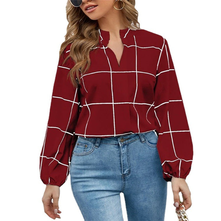 Stand Collar Long Sleeve Plaid Print Women's Shirt