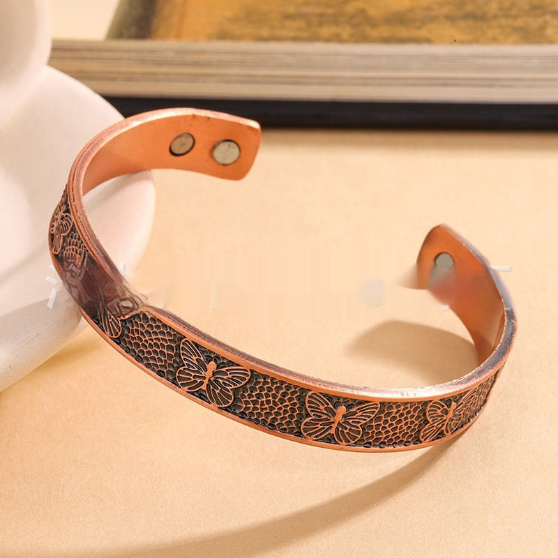 Red Copper Magnetic Vintage Bracelet With Butterfly Design Widened Magnetic Clasp