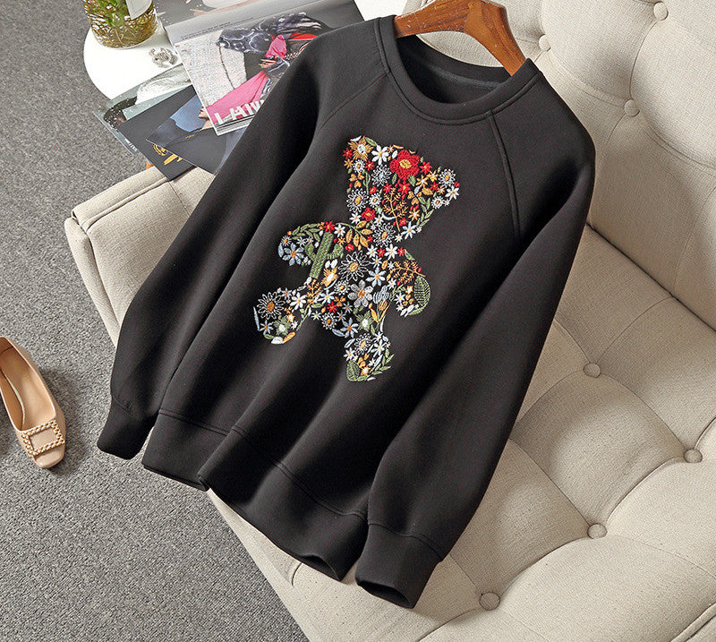 Embroidered Bear Space Cotton Sweater Women