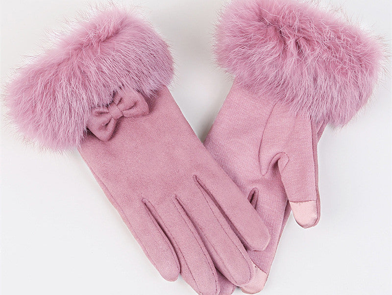 Women's Winter Cute Rabbit Hair Cycling Warm Suede Gloves