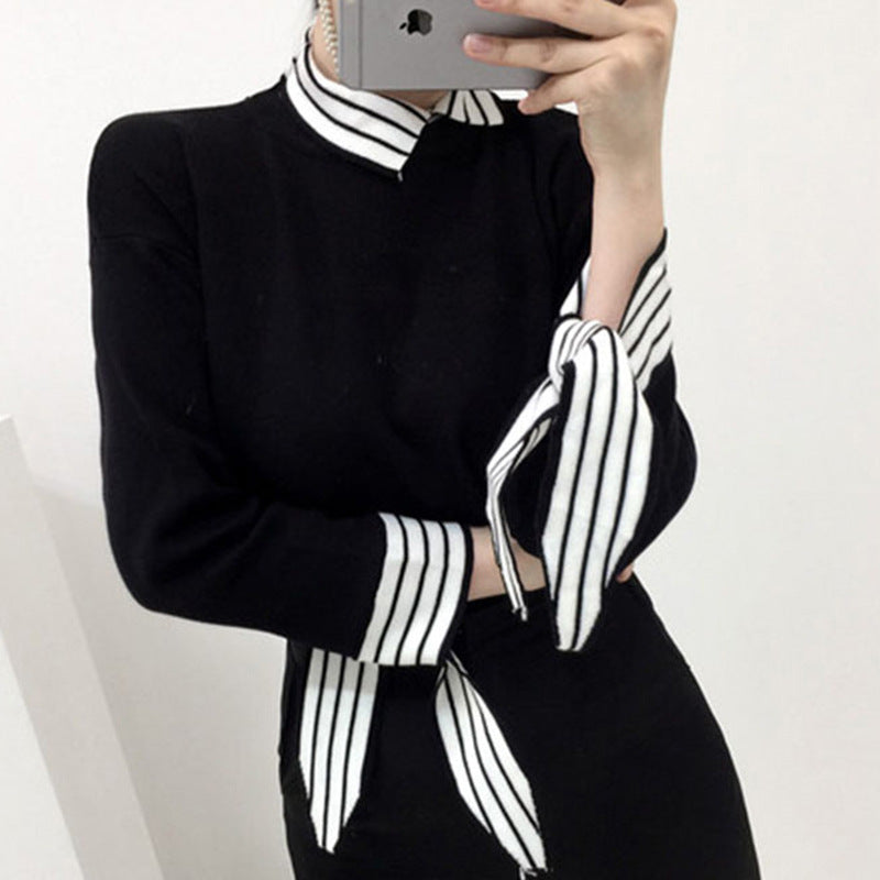 Slim-Fit - Cuff Taped Striped Contrast Pullover Sweater Top
