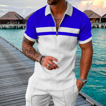 Men's Summer Fashion 3D Printed Short Sleeve Geometric Zip Lapel Shirt Set