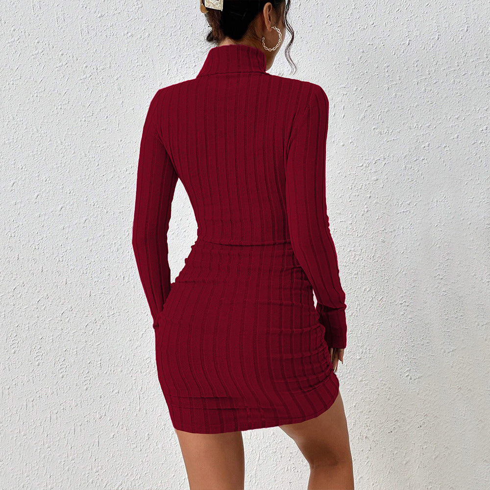 European/American Mature Style Wine Red Dress For Autumn /Winter Simple High-neck Versatile Short Skirt