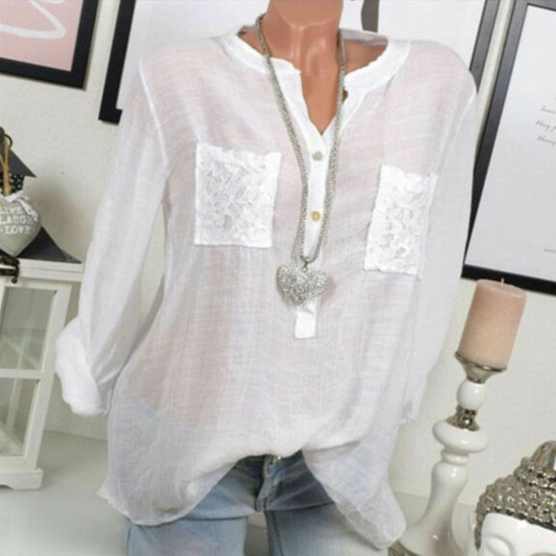 V-neck long sleeve pocket irregular shirt