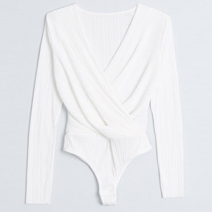 European / American V-neck slim long-sleeved jumpsuit, pleated cross street versatile T-shirt