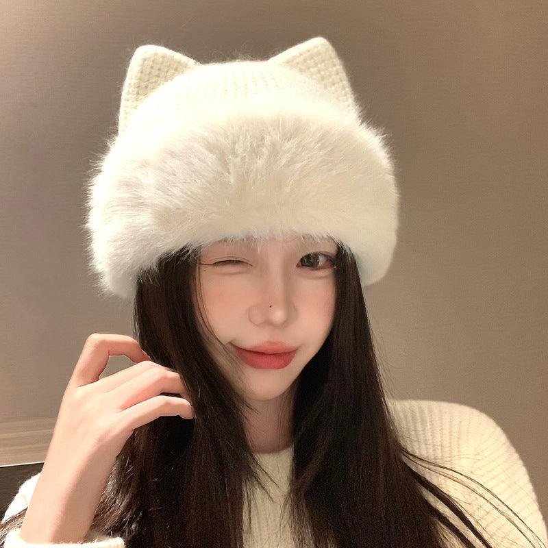 Cute Cat-Ear Knitted Wool Hat For Women In Winter