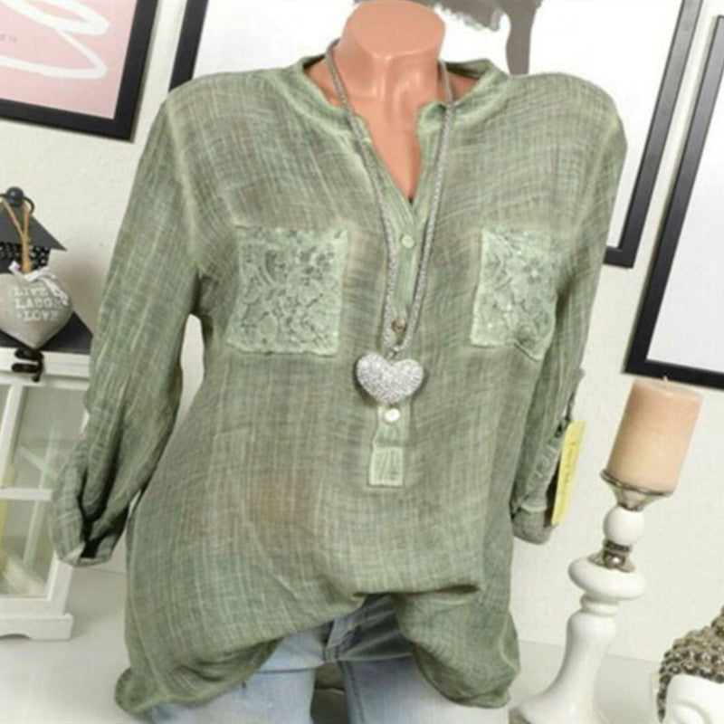 V-neck long sleeve pocket irregular shirt