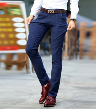 Men's Plaid Cotton and Linen Casual Pants Men's Youth Slim Straight Pants Long Pants