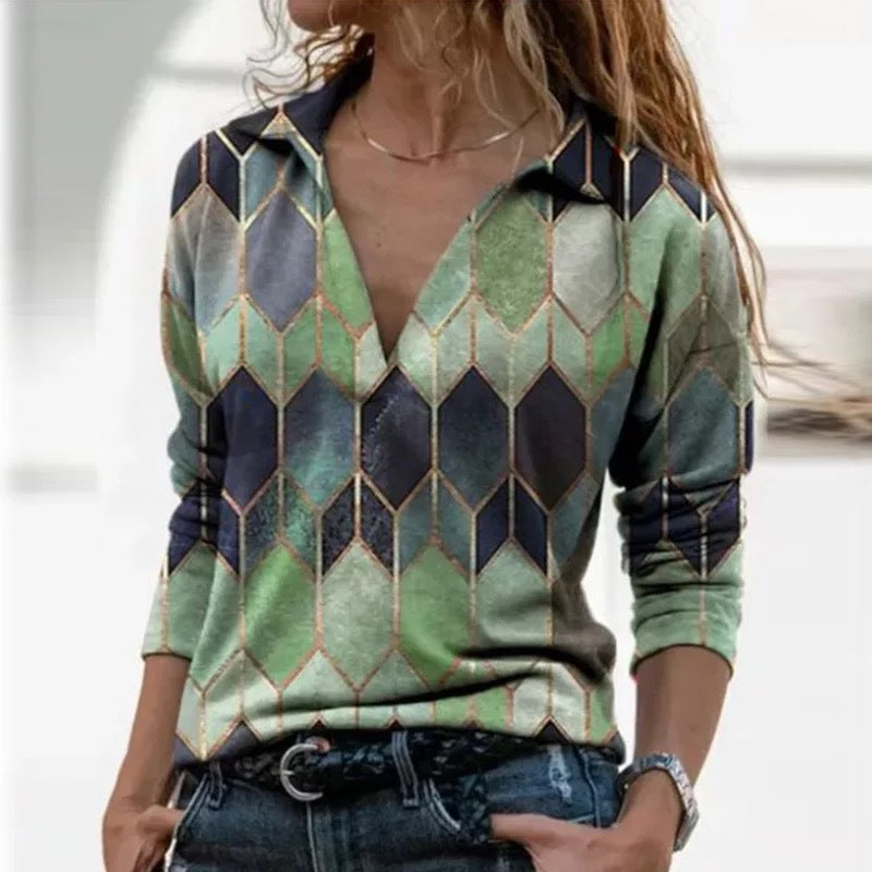 Retro print long-sleeved v-neck urban casual pullover top