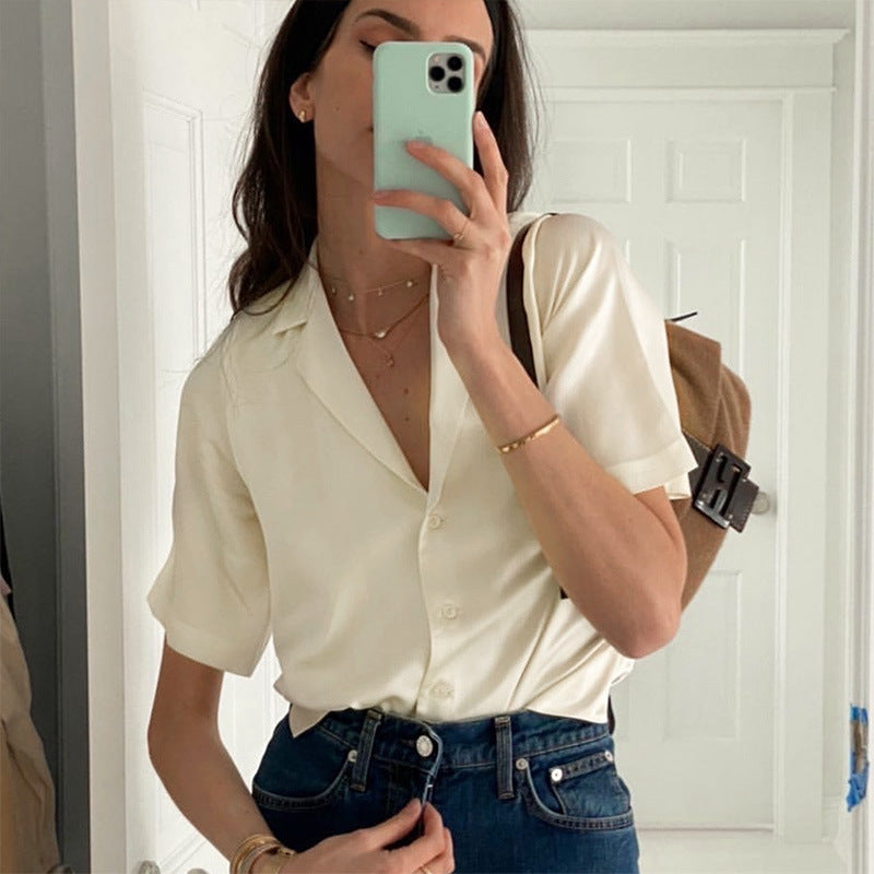 European / American Satin Solid Color Buttoned Shirt Top