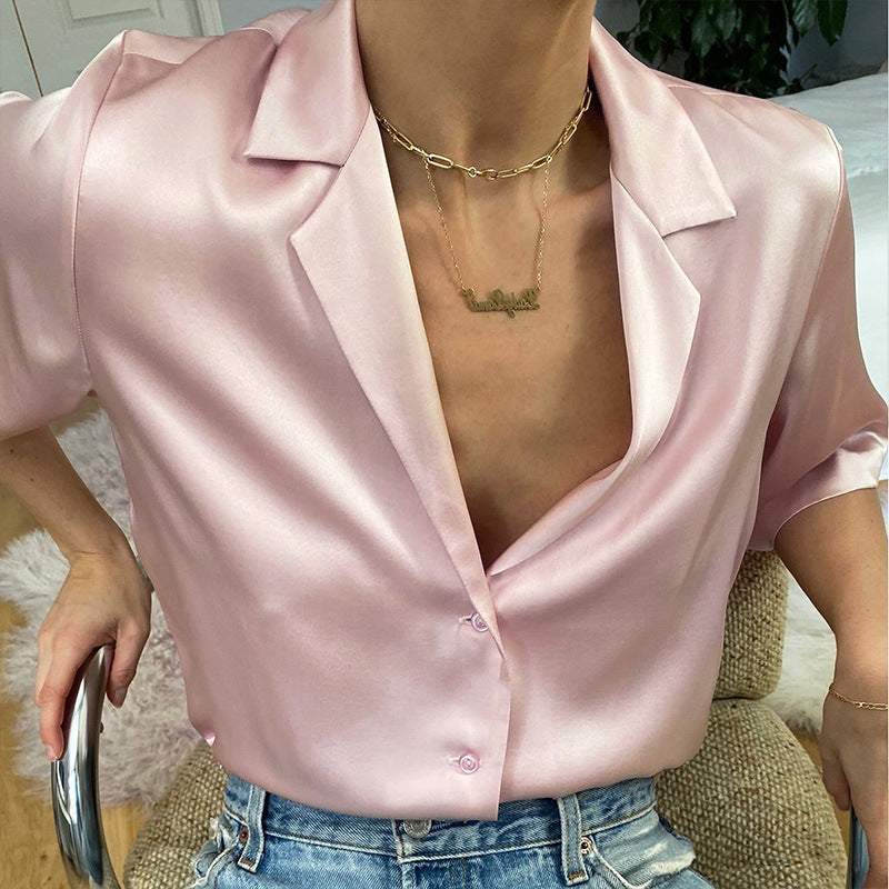 European / American Satin Solid Color Buttoned Shirt Top