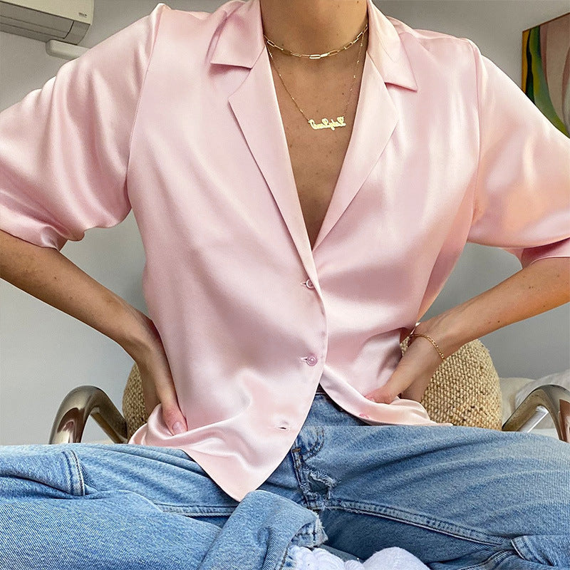 European / American Satin Solid Color Buttoned Shirt Top
