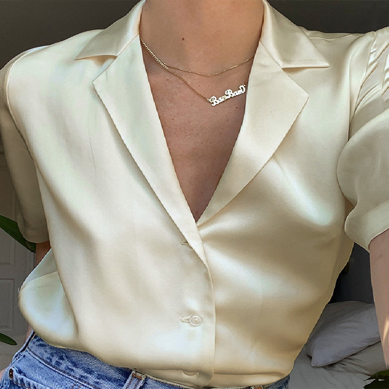 European / American Satin Solid Color Buttoned Shirt Top