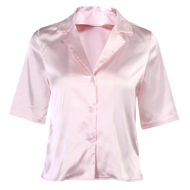 European / American Satin Solid Color Buttoned Shirt Top