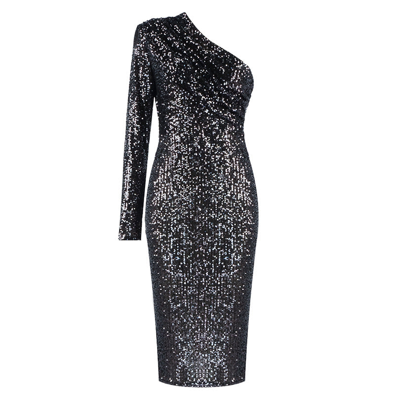 One-shoulder Dress- Oblique Collar -Wrapped Chest Evening Dress- Fashion Sequins- Nightclub Sexy