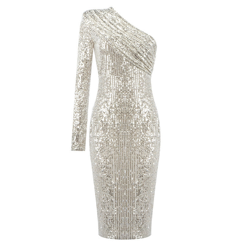 One-shoulder Dress- Oblique Collar -Wrapped Chest Evening Dress- Fashion Sequins- Nightclub Sexy