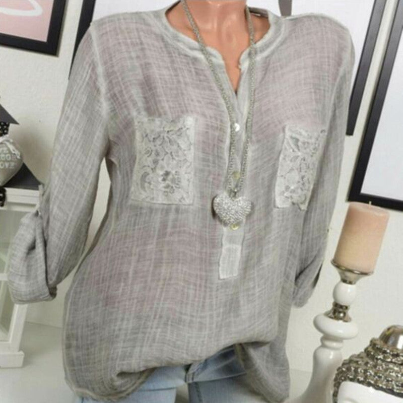 V-neck long sleeve pocket irregular shirt