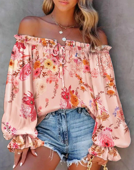 Women's Printed Off-neck Flare Sleeve Tie-neck Shirt