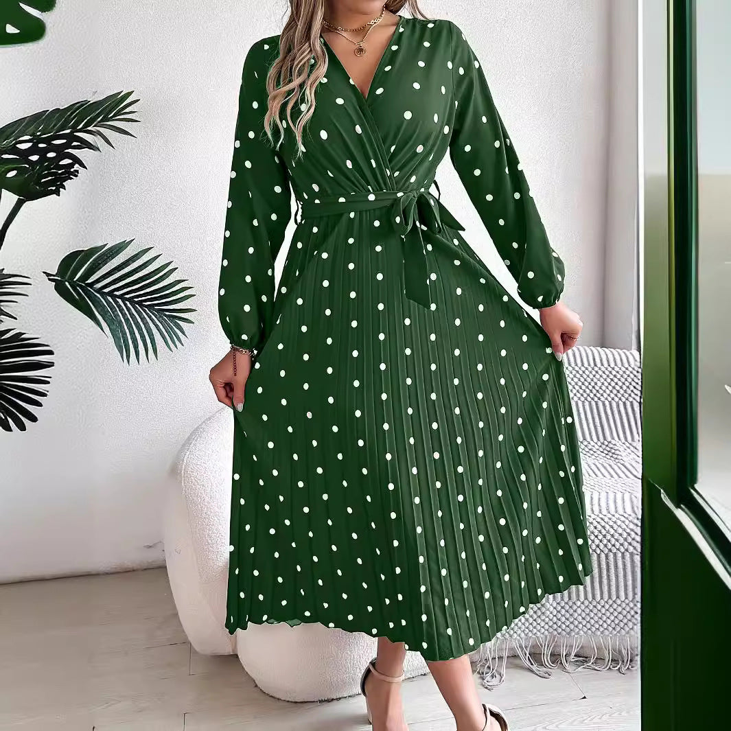 Spring  / Summer  - Elegant Long Dress -  Cross V-Neck Contrast Polka Dot Long Sleeve Pleated  Dresses