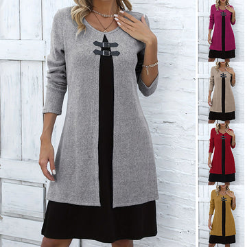 Contrast-color Sweater Dress With Buckle Design - Fashion Round-neck Long-sleeved - A-line Dresses Fall / Winter Women's Clothing