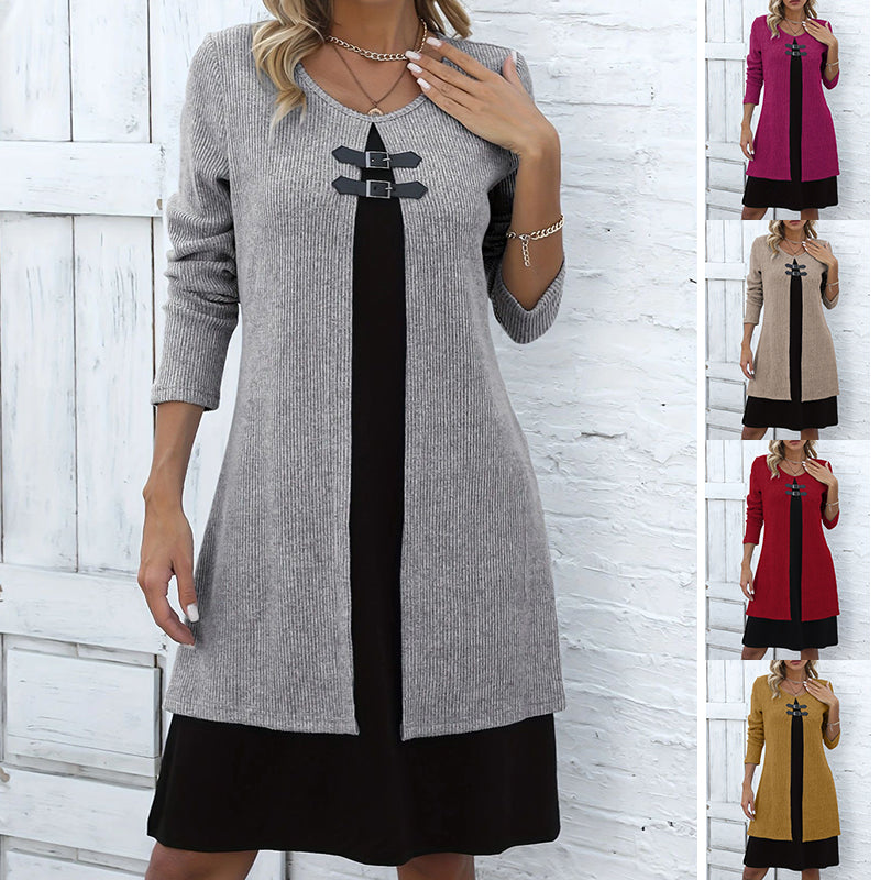 Contrast-color Sweater Dress With Buckle Design - Fashion Round-neck Long-sleeved - A-line Dresses Fall / Winter Women's Clothing