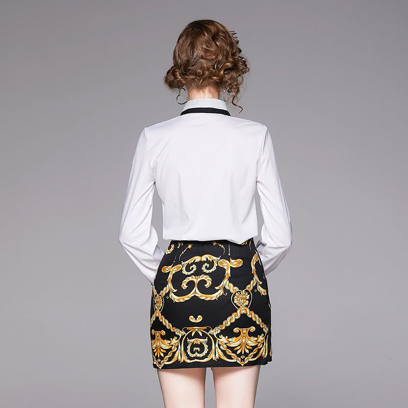 Long sleeve shirt + short skirt two-piece suit