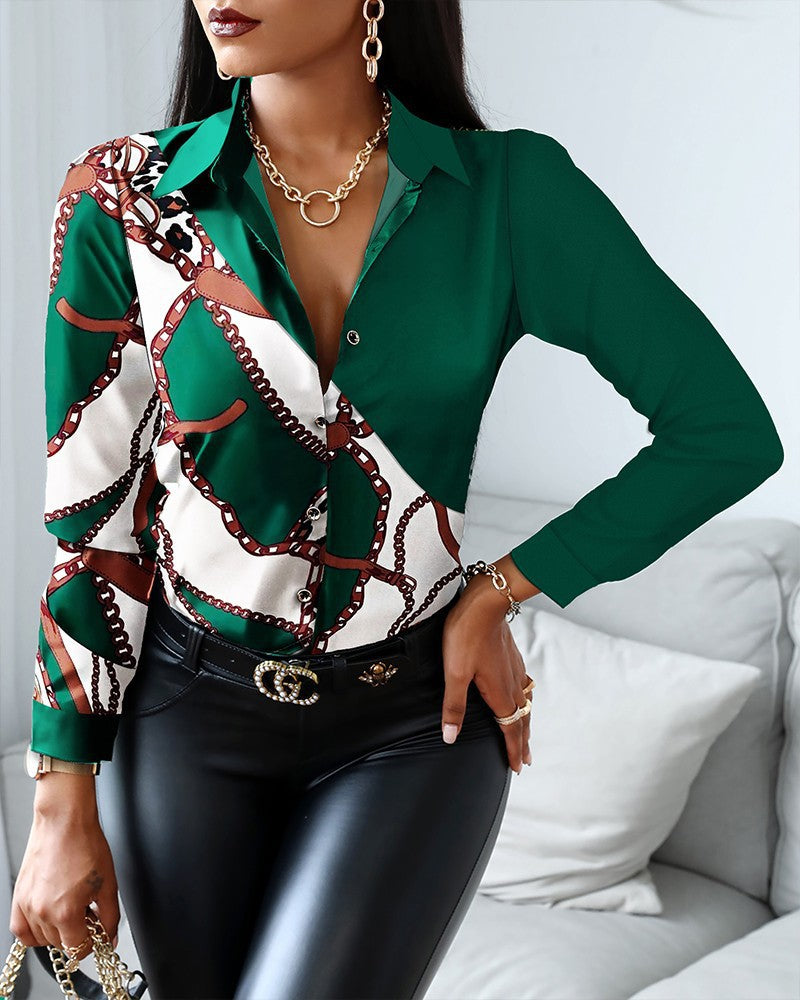 Autumn / Winter Long-sleeved  - V-neck Color Matching Retro Style Shirt Top Women