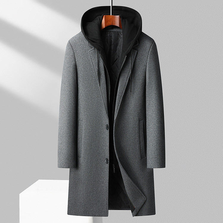 Men's Detachable Hooded Urban Mid-length Woolen Coat