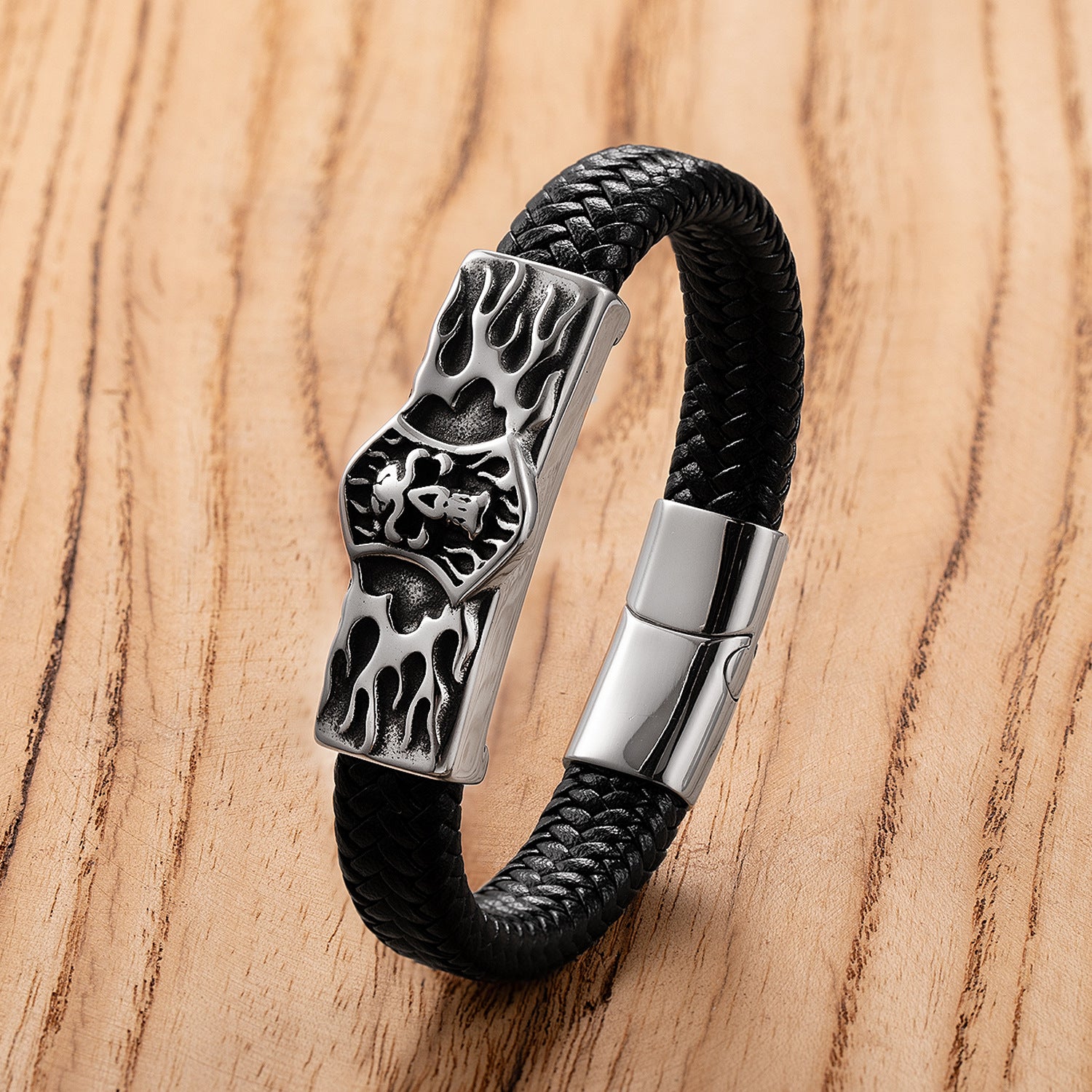 Mens Classic Stainless Steel Leather Bracelet