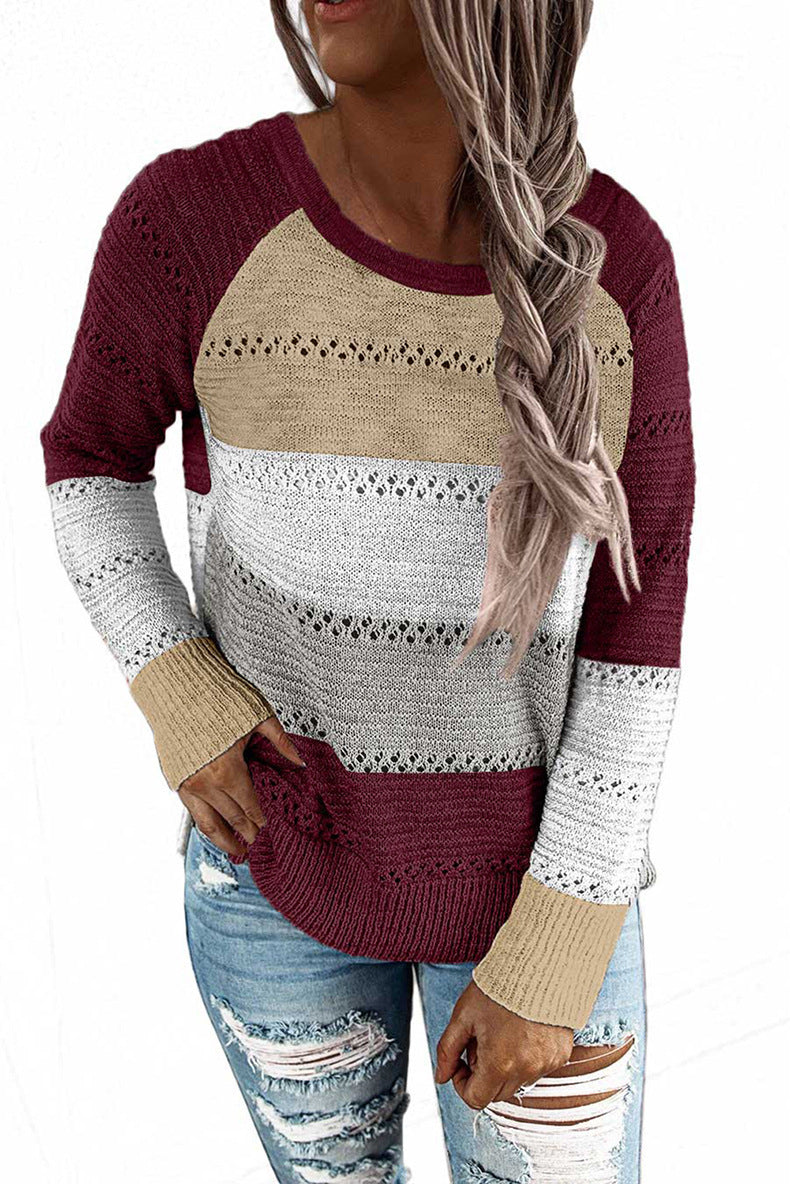 Long sleeve pullover color block sweater top
