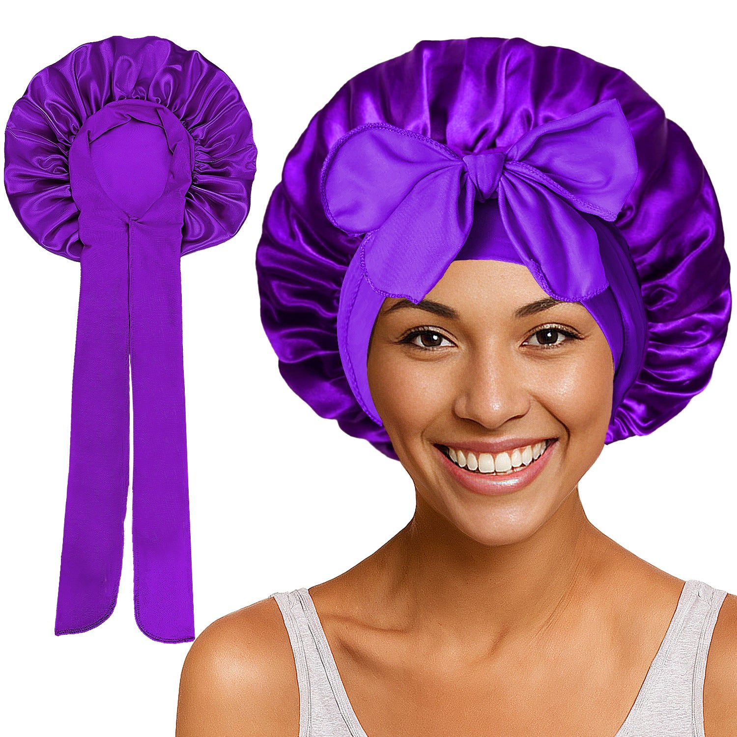 Satin Round Cap Bow Elastic Wide-brimmed Ribbon Nightcap