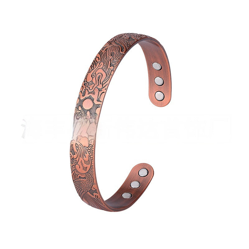 Dragon And Phoenix Pattern Vintage Solid Copper Magnetic Open-End Adjustable Bracelet For Men And Women
