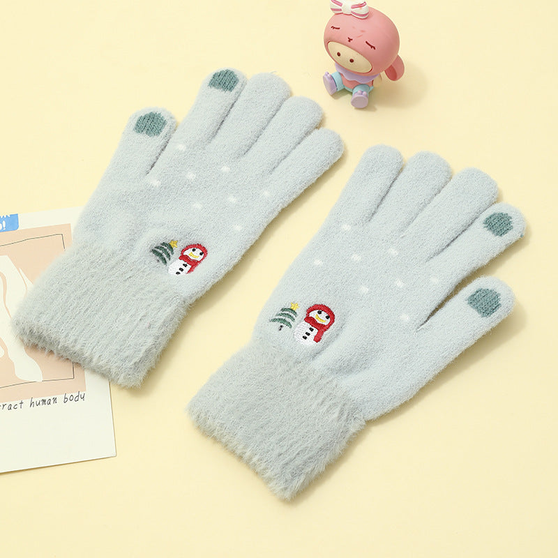 Padded And Thickened Warm Snowman Embroidered Touch Screen Gloves