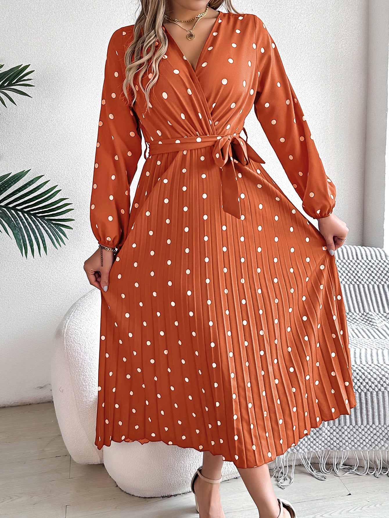 Spring  / Summer  - Elegant Long Dress -  Cross V-Neck Contrast Polka Dot Long Sleeve Pleated  Dresses