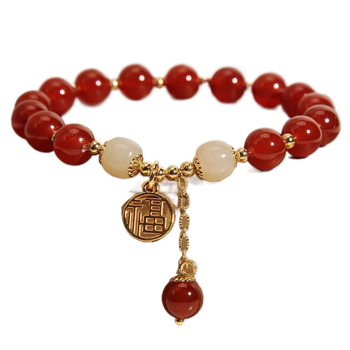 Retro Chinese-style Red Agate Fu Character Charm Bracelet For Inviting Good Fortune