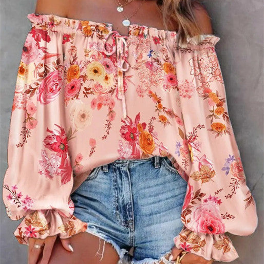 Women's Printed Off-neck Flare Sleeve Tie-neck Shirt
