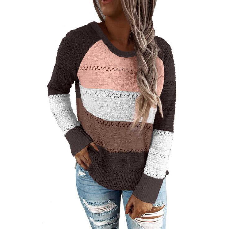 Long sleeve pullover color block sweater top