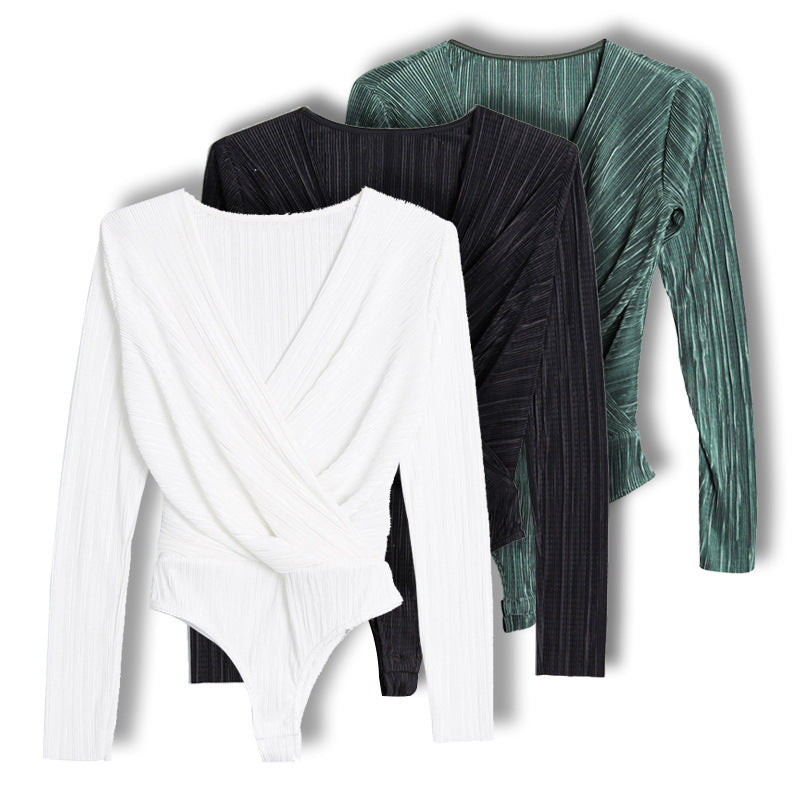 European / American V-neck slim long-sleeved jumpsuit, pleated cross street versatile T-shirt