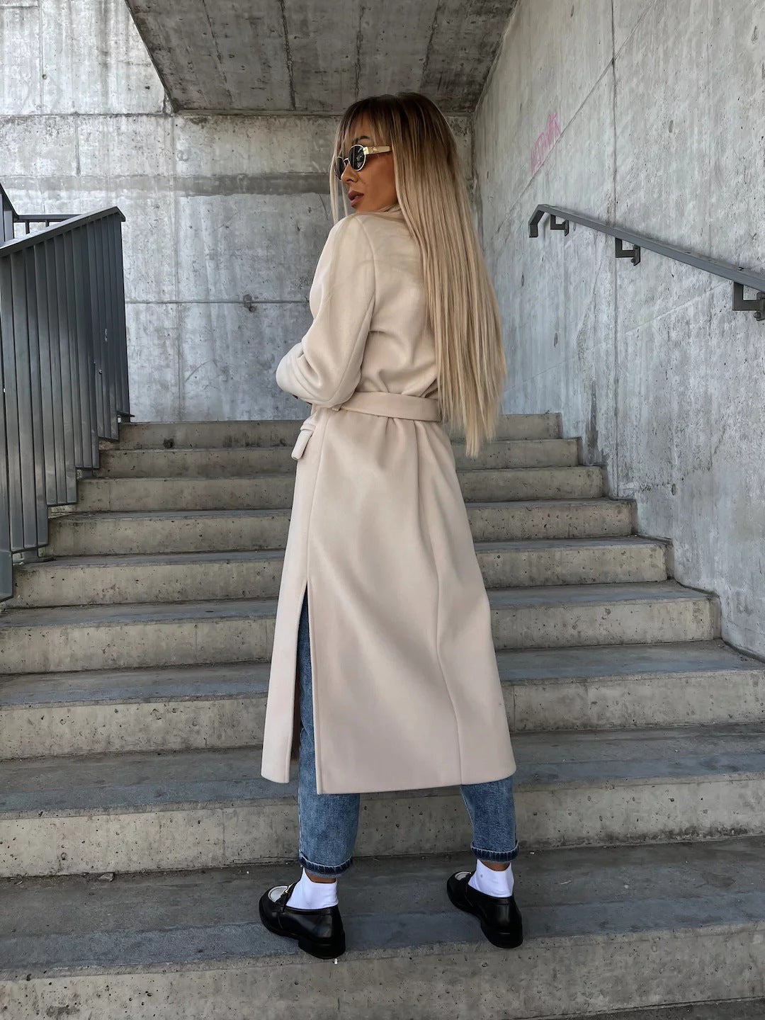 Double-breasted Lapel Split Jacket With Belt  - Winter Fashion  - Casual Long Sleeve Button Daily Coats  - For Women