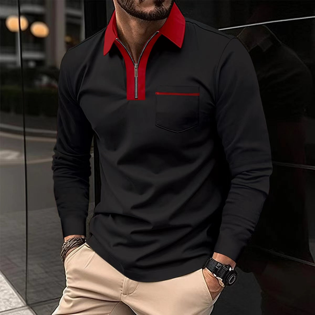 2024 Autumn Mens Long Sleeve - Zipper Polo Shirts -Casual Lapel Collar Zip Up Henley Shirts - Cotton Sports -Golf -Tennis T-Shirts With Pockets