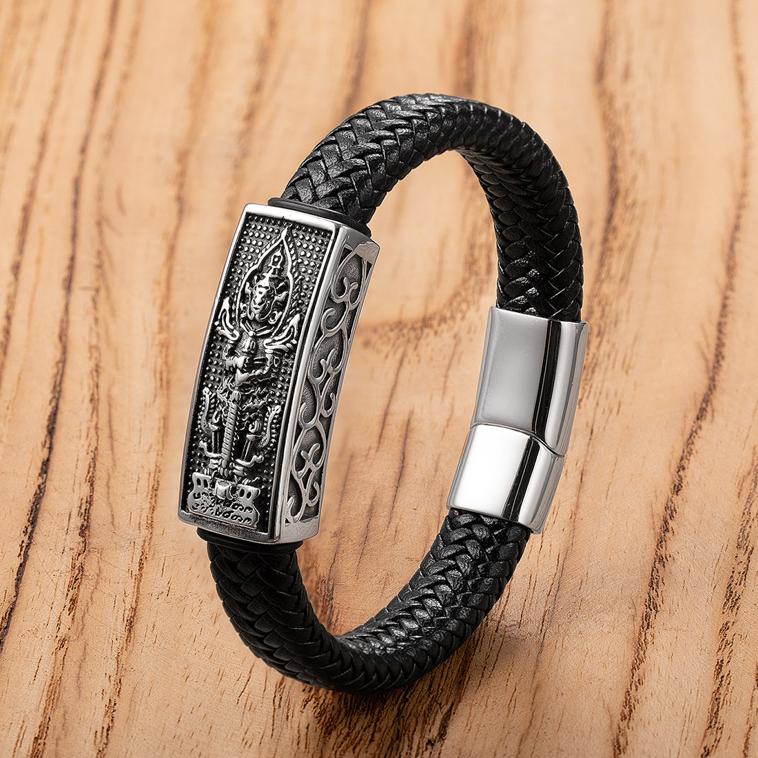 Mens Classic Stainless Steel Leather Bracelet