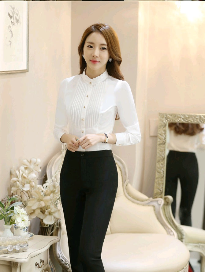 new professional white shirt long sleeve -Slim Korean vertical strip lace tooling hundred shirts collar -collar women's clothing