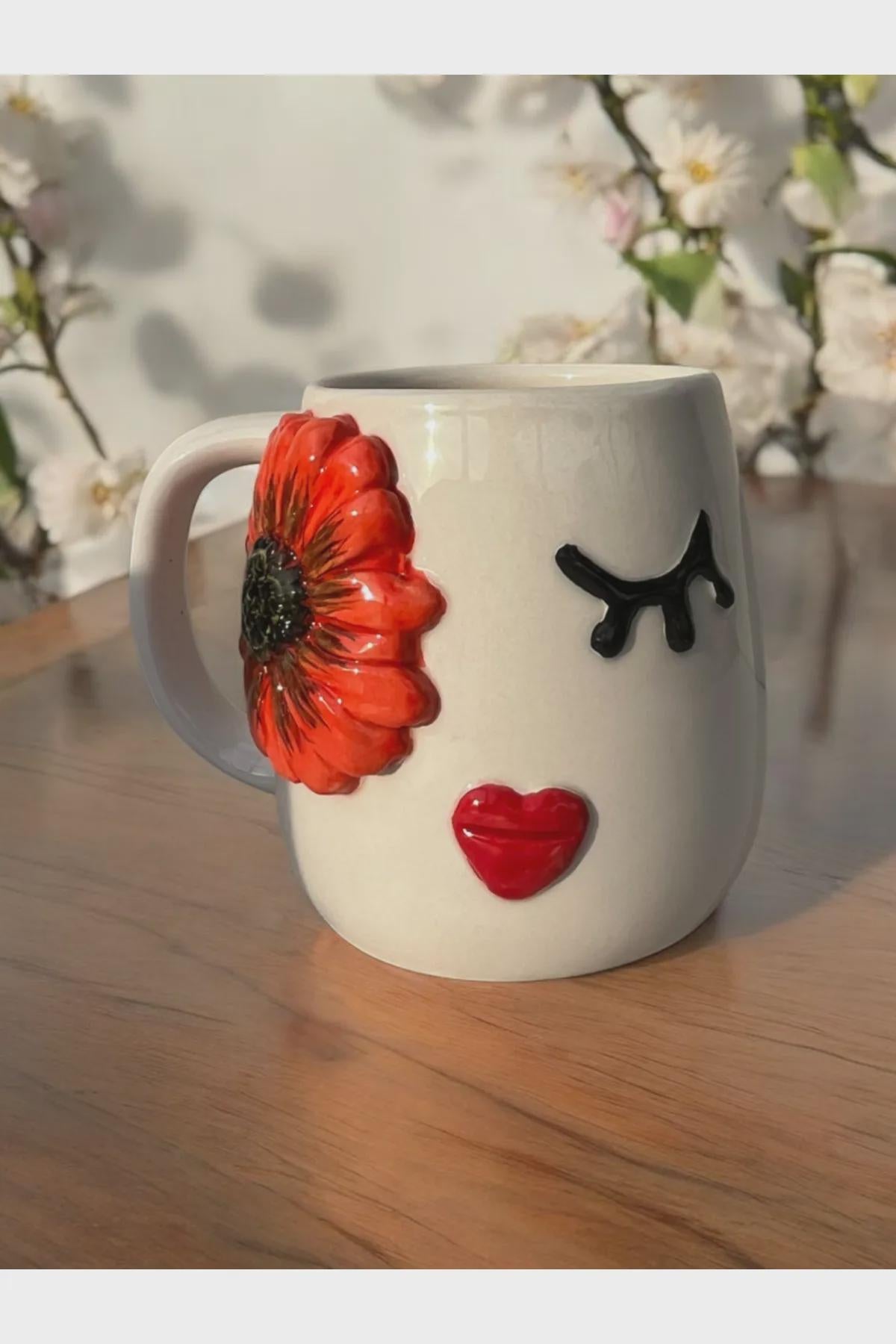 Set Of 2 Handmade Embossed Flower Face Mugs 400ml For Unique Coffee Experience