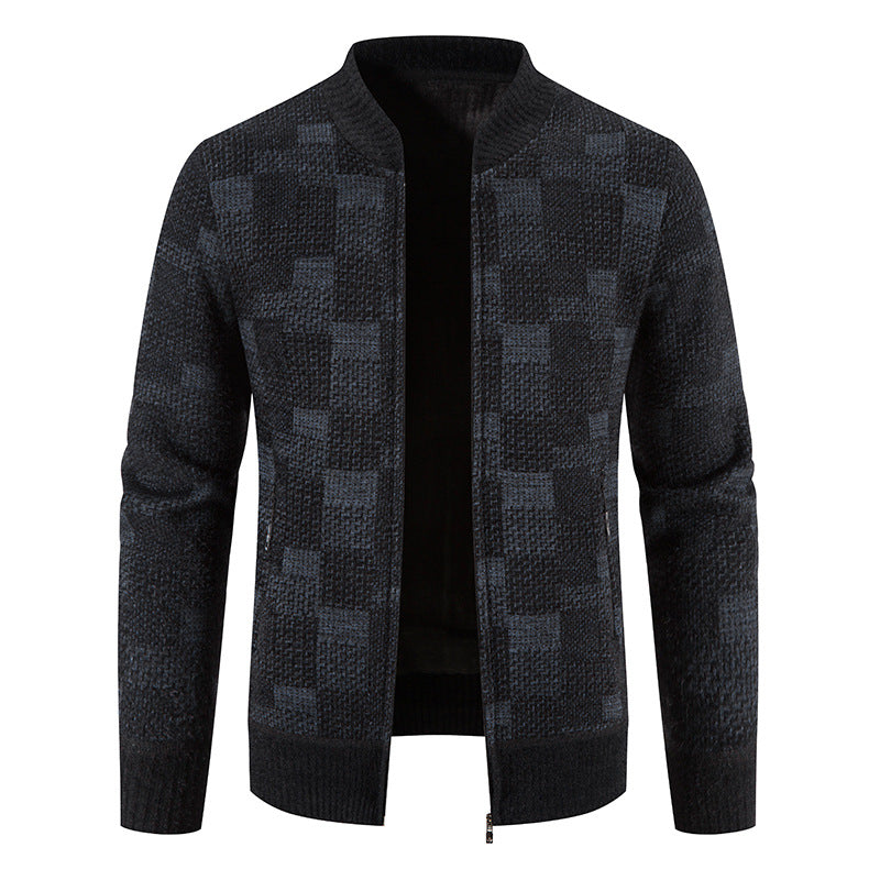 Men's Fleece-lined - Thickened Baseball -Collar Plaid Knitted Cardigan