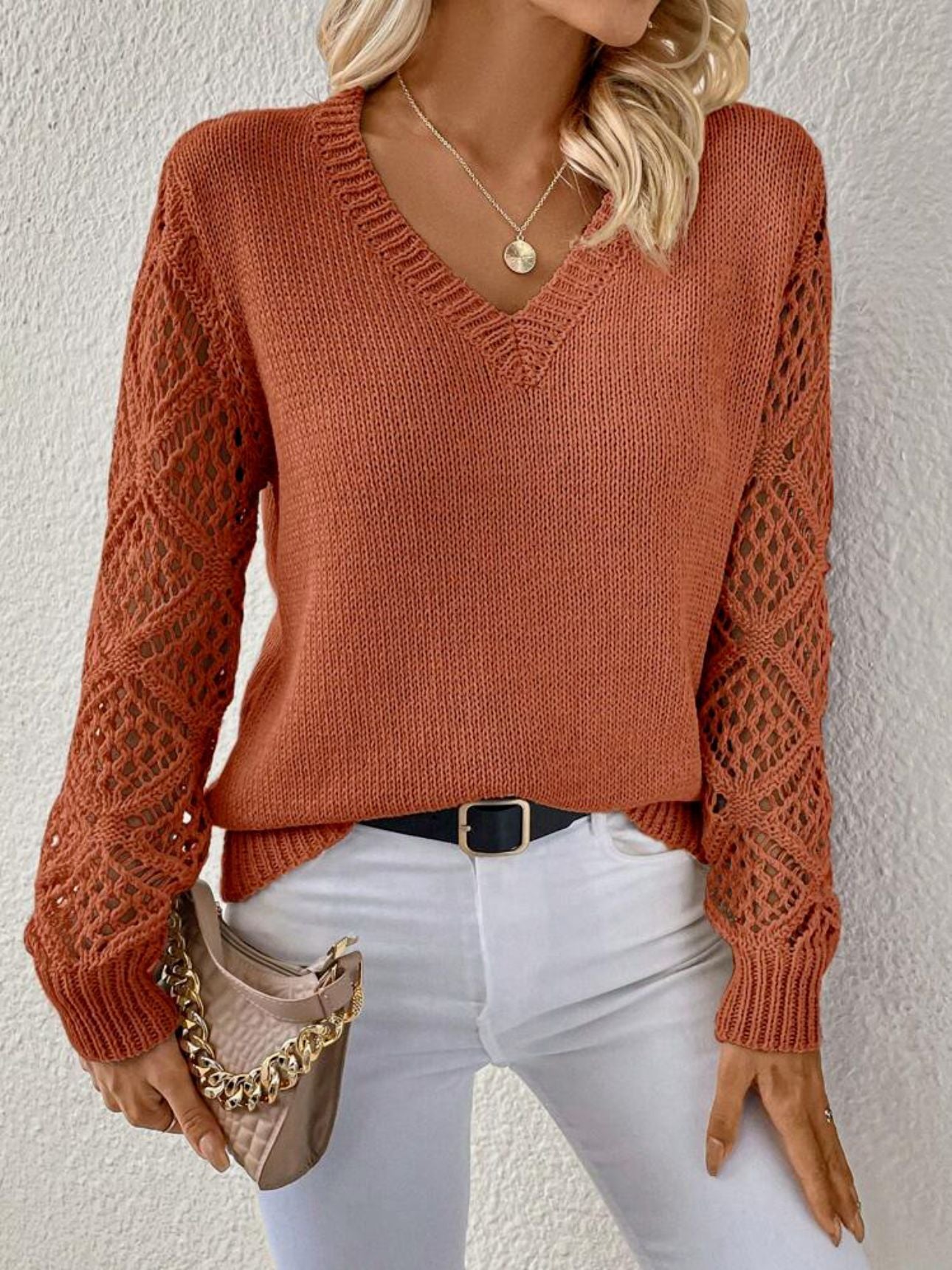Solid V-neck Pullover Sweater With Hollow Long Sleeve - Fashion Tops For Women Clothing