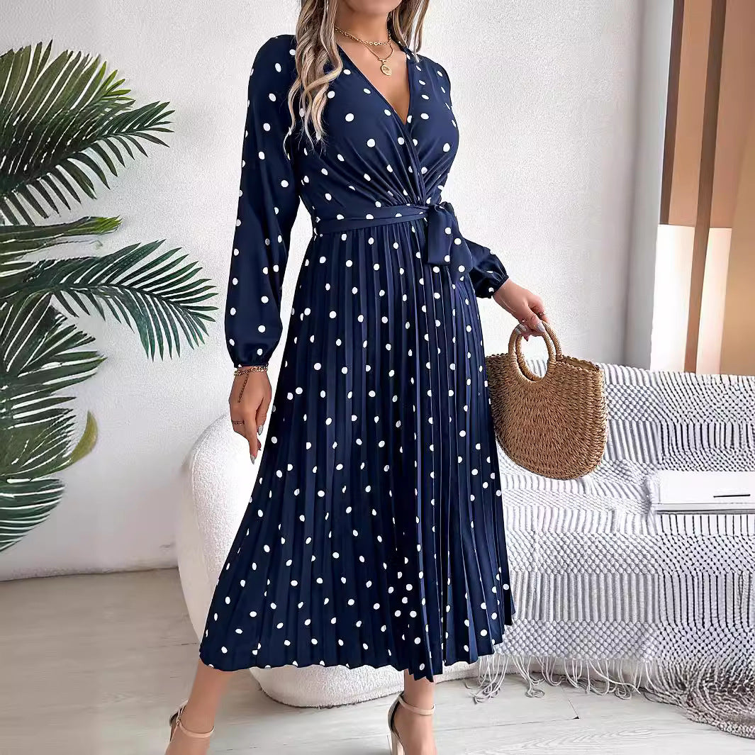 Spring  / Summer  - Elegant Long Dress -  Cross V-Neck Contrast Polka Dot Long Sleeve Pleated  Dresses